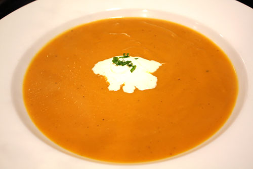 Butternut Squash Soup with Brown Butter, Sage, and Nutmeg Creme Fraiche 