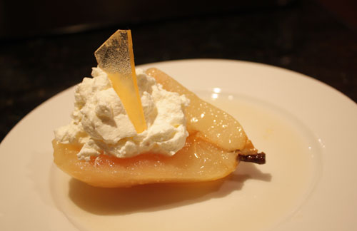 Riesling Poached Pear with Cardamom Cream and Burnt Sugar Garnish