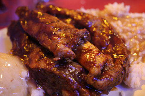 BBQ Spare Ribs, Mashed Potatoes, Rice and Gravy