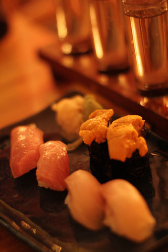 Toro (tuna belly), Konakanpachi (yellowtail fed and raised to be high in omega-3 fatty acids), Uni (sea urchin roe)