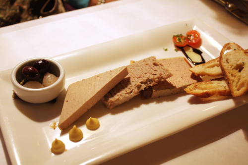 Paté Plate: Sauternes Mousse, Rillettes du Perigord, Truffle Mousse (from left to right)