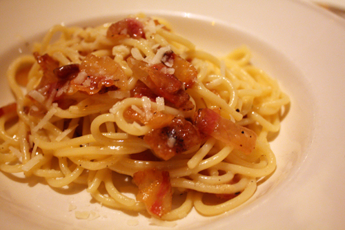 Spaghetti alla Carbonara, made with house-made guanciale, egg, pecorino romano, and pepper