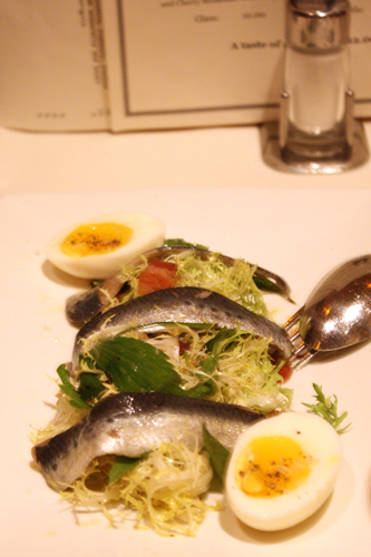 Marinated Monterey Sardines with soft cooked egg, pancetta and lovage (an herb with a flavor similar to celery)