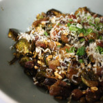Roasted Brussels Sprouts with Ponzu, Fried Garlic, Guanciale, and Bonito Flakes