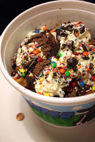 Vermonster: 20 scoops of ice cream, 4 bananas, 4 ladles hot fudge, 3 chocolate chip cookies, 1 chocolate fudge brownie, 10 scoops walnuts, 2 scoops of your 4 favorite toppings, lots of freshly whipped cream