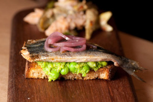 Liza Shaw's (A16) Roasted Sardines and Minted Pea Bruschetta 