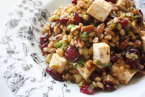 Wheat Berry Salad with Cranberries, Green Onion, Toasted Pecans, and Feta