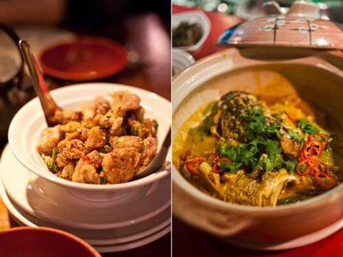 Salt & Pepper Veal Sweetbreads (left); Tamarind Fish Head Curry (right)
