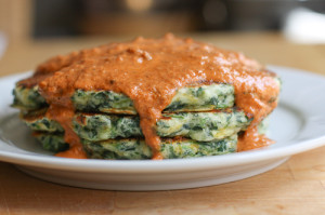 Spinach-Cheddar Pancakes with Tomato-Orange Cream