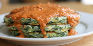 Spinach Cheddar Pancakes with Tomato-Orange Cream Sauce