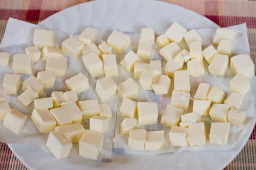 Two sticks of butter cubed and frozen