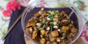 Roasted Eggplant Salad with Almonds, Feta, and Mint