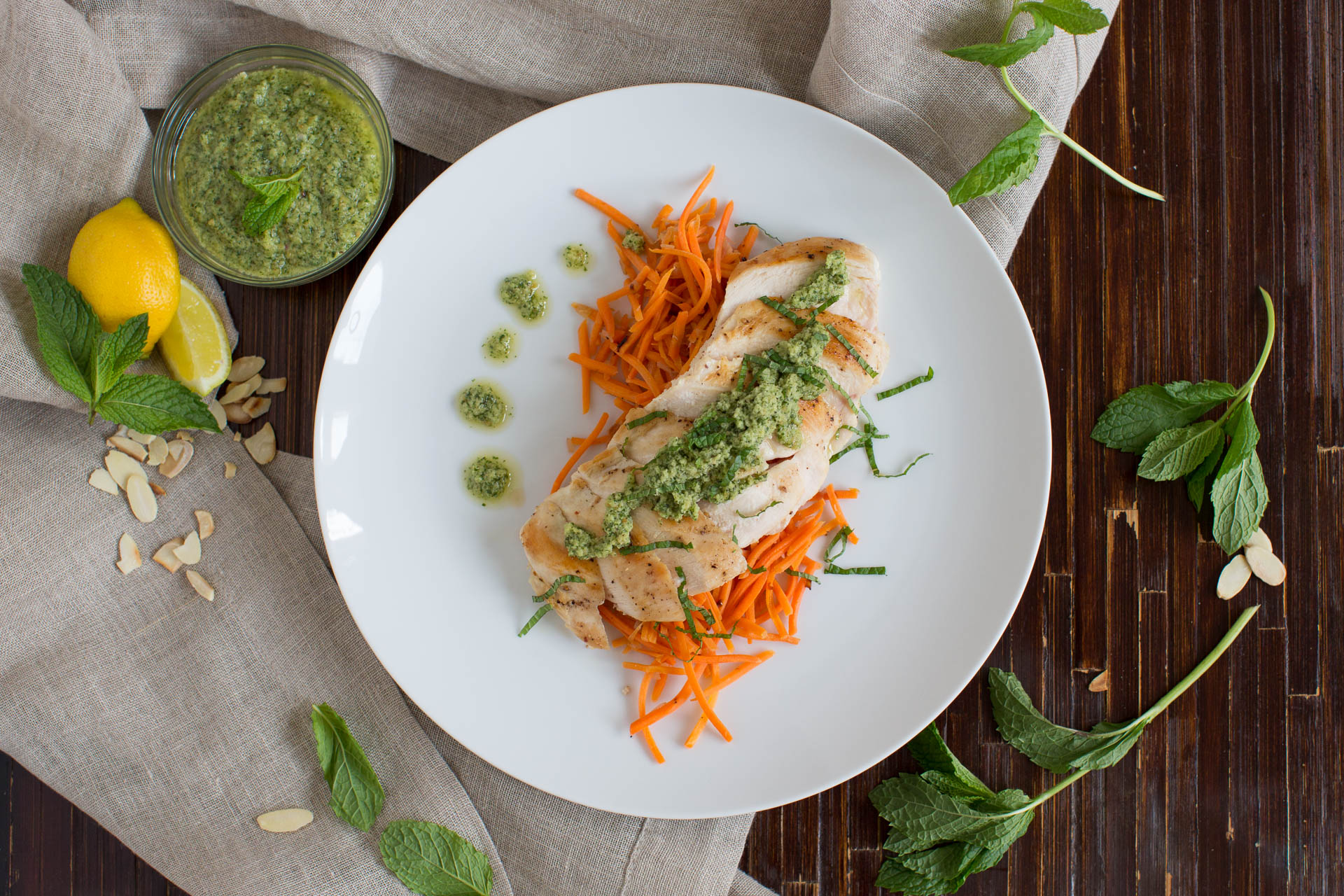 Pan-Seared Chicken Breast with Mint Pesto and Sauteed Shredded Carrots